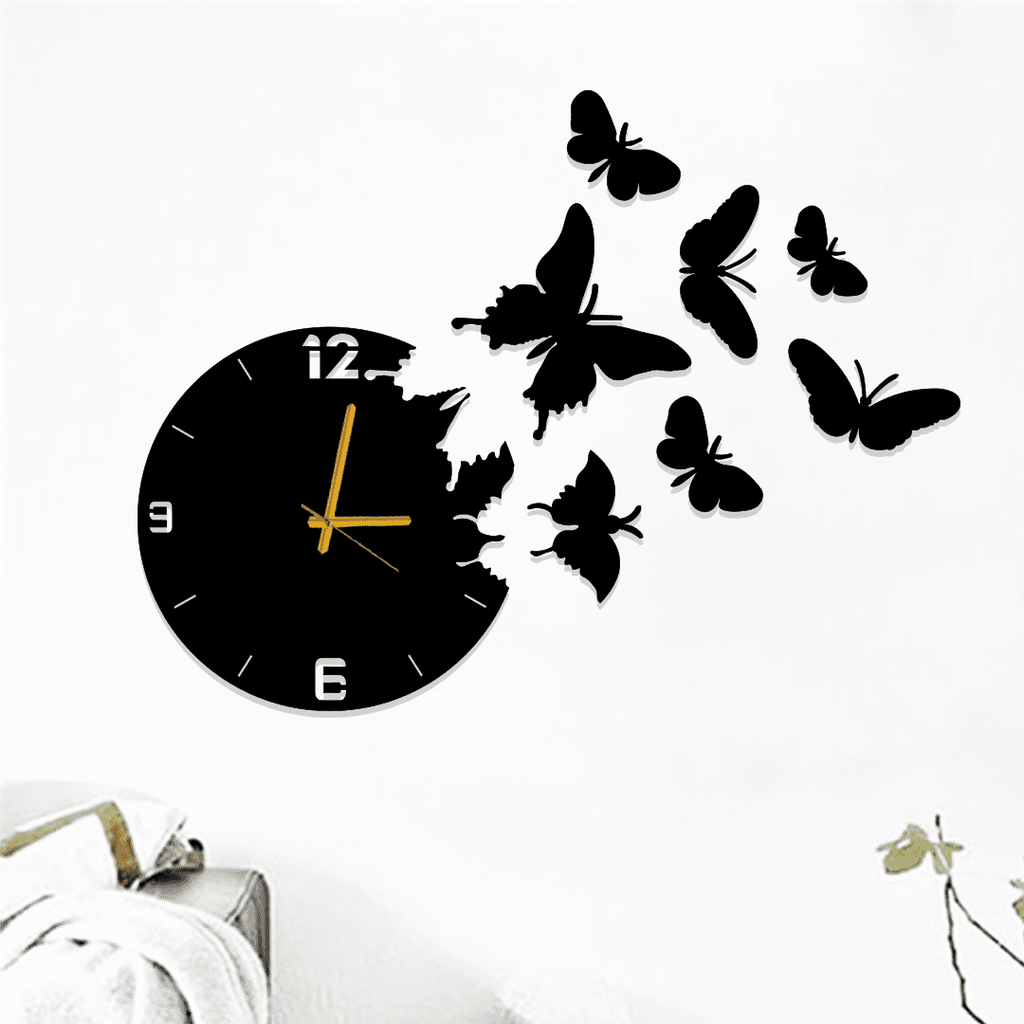 Butterflies Stars Clock / Black / Golden / Silver / 60 x 60 CM